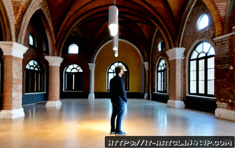 사운드 아트의 물리적 공간 활용 방안 - Photorealistic contemporary sound art installation inside a restored Venetian warehouse, suspended d...