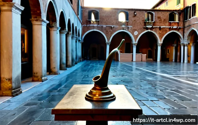사운드 아트에서의 장소성의 중요성 - Photorealistic environmental sound art installation in a quiet Venetian courtyard at dawn, a discree...