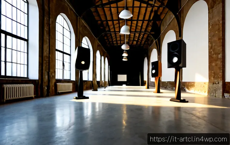 사운드 아트 프로젝트에 적합한 전시 장소 - Photorealistic contemporary sound art exhibition in a restored Italian industrial warehouse, suspend...